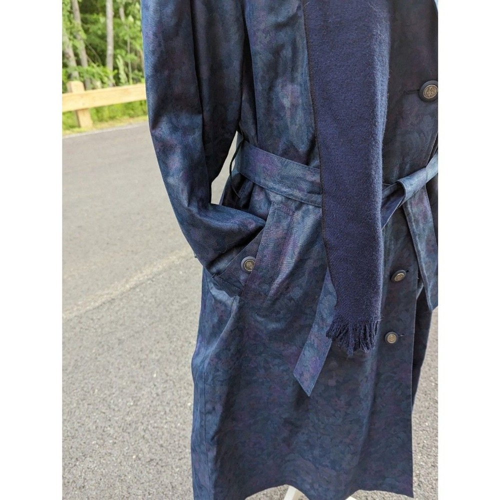 Vintage Dark Academia Quiet Luxury London Fog Blue/Purple Floral Trench Coat 12P - Picture 4 of 11